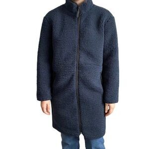 Backcountry NWOT Womens Navy Blue Faux Fleece Teddy Trench Coat Sz Petite S